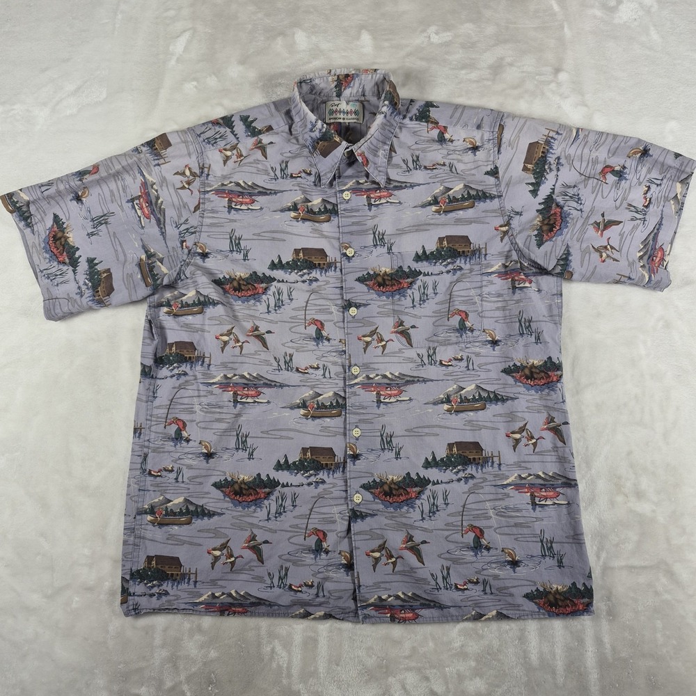Reyn Spooner American Classics Button Up Shirt Men's Medium Blue Gray Fishing